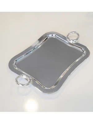 GÜMÜŞ KAPLAMA SUNUM TEPSİSİ HALKA DETAYLI DİKDÖRTGEN FORM (Tek kişilik boy)