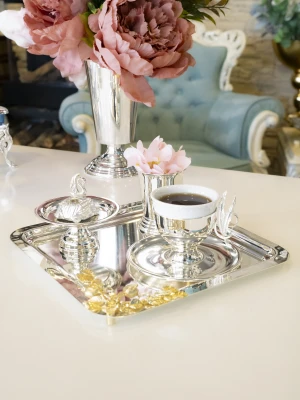 GÜMÜŞ KAPLAMA SUNUM TEPSİSİ KARE FORM GOLD RENK NAR DETAYLI ( TEK KİŞİLİK)