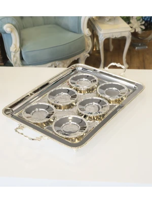 GÜMÜŞ KAPLAMA ÇAY SETİ (Gümüş kaplama çay tepsisi ve 6 adet çay tabağı) İNGİLİZ BORDÜRLÜ MODEL