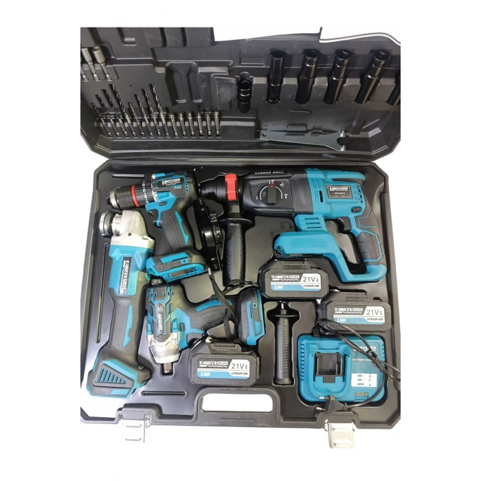 4Lü Profesyonel Şarjlı Set |Akülü Matkap, Hilti, Spiral, Torklu + 3 Batarya + Şarj Aleti