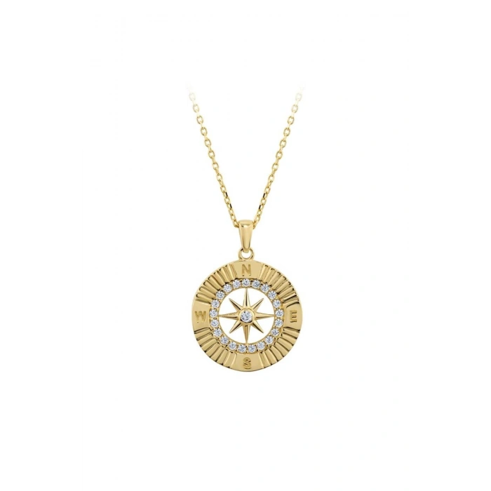 Pusula Figürlü Taşlı Altın Kolye - 14k - 2.27gr