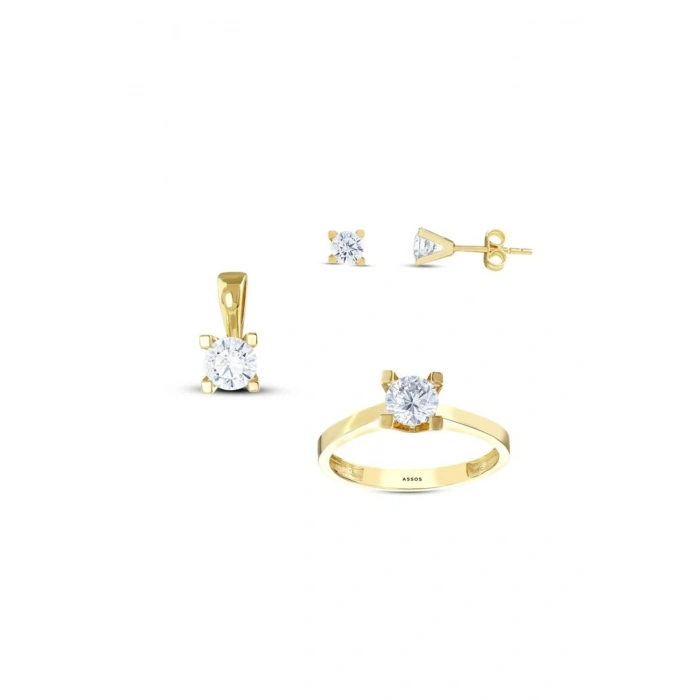 Altın Üçlü Tektaş Set - 14K