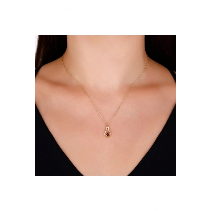 Kırmızı Taşlı Altın Tasarım Kolye - 14K