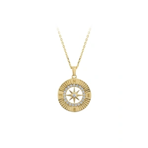 Pusula Figürlü Taşlı Altın Kolye - 14k - 2.27gr