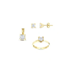 Altın Üçlü Tektaş Set - 14K